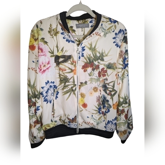 Bagatelle Floral Cream Satin Bomber Jacket Zip Front Lightweight Size M - Picture 9 of 14